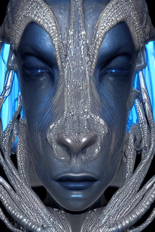 Image similar to symmetric hyper realistic elegant alien portrait, blue metallic skin, jewelry intricate details, unreal engine5, octane