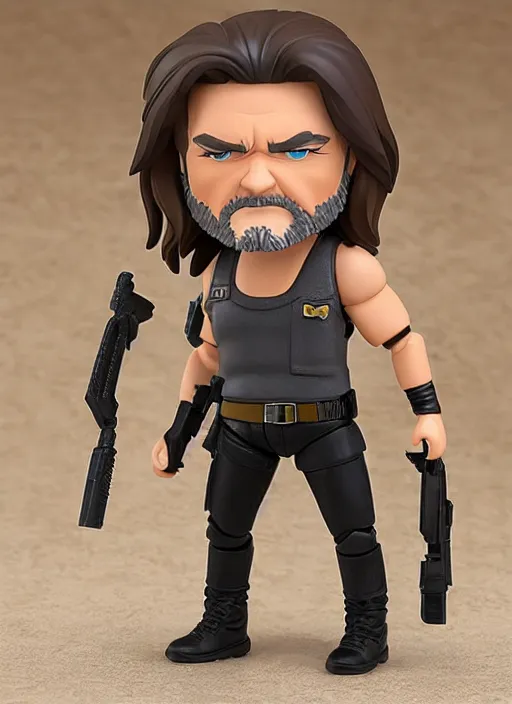 Image similar to kurt russell, a nendoroid of kurt russell is snake plisskin figurine, black tank top, grey pants, escape from new york, realistic face, detailed product photo