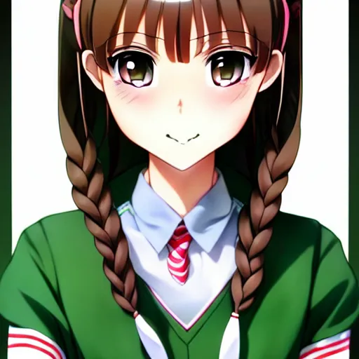 Image similar to beautiful anime high school girl, complete body view, brown hair, ponytail, white ribbon, green eyes, full perfect face, slightly smiling, detailed school background, drawn by Artgerm, Sasoura, Satchely, no distorsion