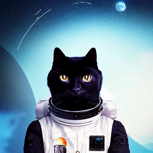 Prompt: beautiful dark landscape, a realistic black cat dressed as an astronaut, in the style of beeple and Mike Winkelmann, intricate, epic lighting, cinematic composition, hyper realistic, 8k resolution,