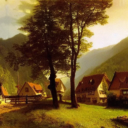 Prompt: a small village in the german black forest painted by albert bierstadt