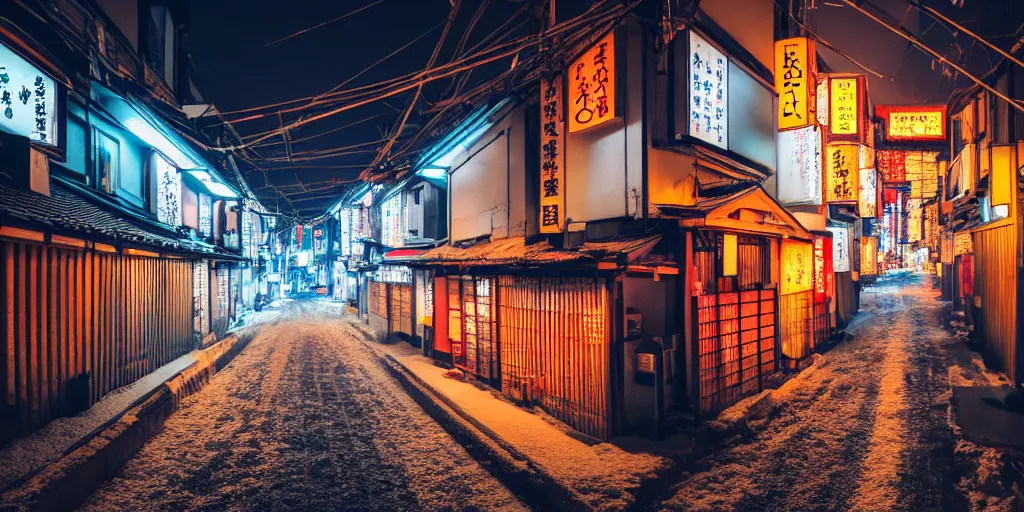 Image similar to a city street at night with a Japanese shrine on it, snowing, photograph, cyberpunk, sharp focus, intricate detail, drone shot, high resolution, 8k, neon streetlights, wires hanging down everywhere, Japan, colourful,,