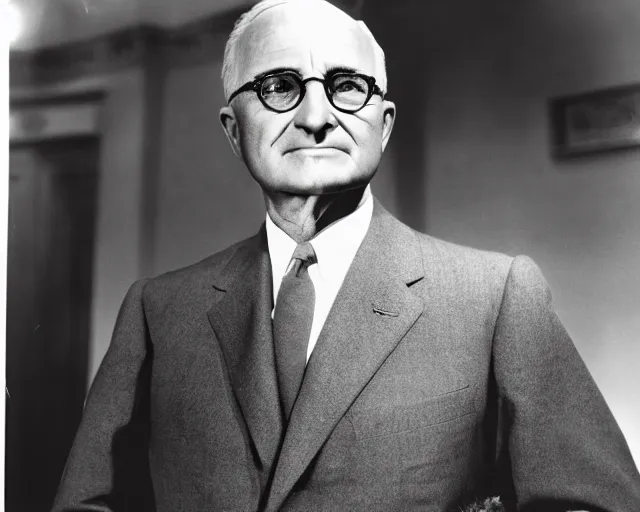 Prompt: US president Harry Truman has been replaced by a reptilian alien, 1951, early black and white photo, cdx