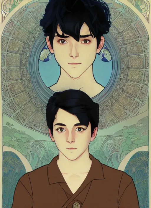 Image similar to handsome young man with short black hair, male, dressed in blue, half body shot, arms folded, path traced, highly detailed, high quality, digital painting, by studio ghibli and alphonse mucha, leesha hannigan, hidari, art nouveau, chiho aoshima, posuka demizu, atey ghailan, artgerm, ayami kojima