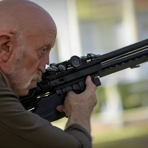 Image similar to Film Still of Mike Ehrmantraut aiming a sniper rifle, 8k, highly detailed