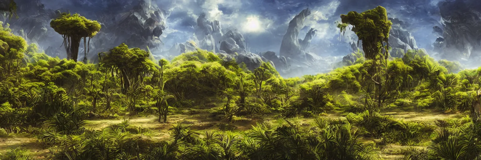 Prompt: summer on a lush alien planet, matte painting