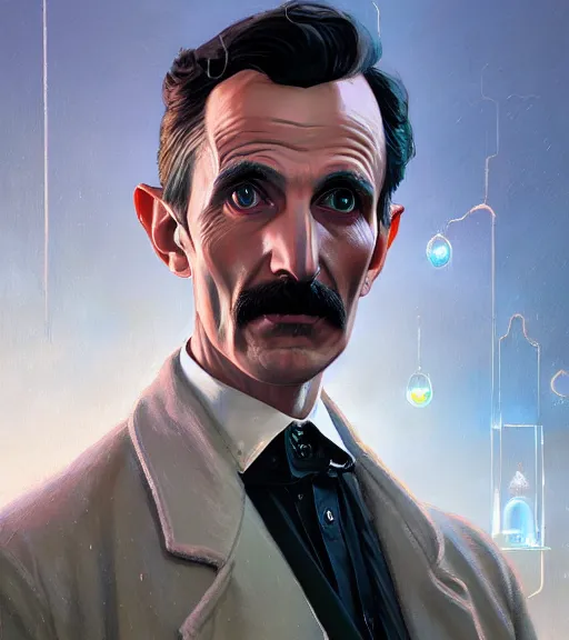 Image similar to Highly detailed portrait nikola tesla in GTA V, Stephen Bliss, unreal engine, fantasy art by Greg Rutkowski, Loish, Rhads, ferdinand knab, Makoto Shinkai and Lois van baarle, ilya kuvshinov, rossdraws, Tom Bagshaw, global illumination, radiant light, lightning, detailed and intricate environment