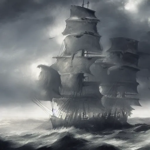 Prompt: large lonely old pirate ship drifting amongst the clouds and fog with heavy dark storm beautiful Concept art