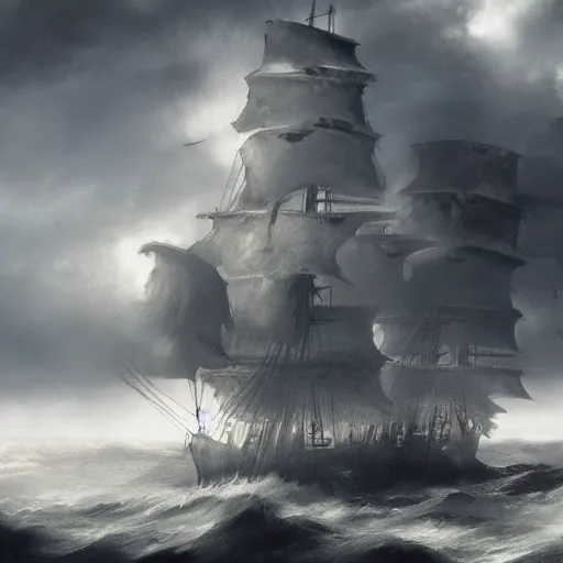 Image similar to large lonely old pirate ship drifting amongst the clouds and fog with heavy dark storm beautiful Concept art