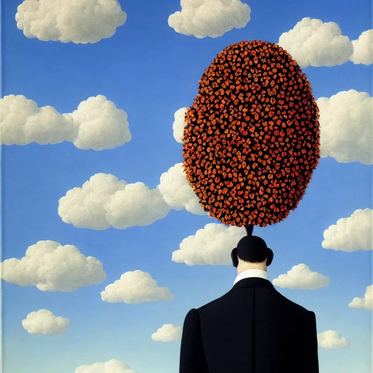 Prompt: portrait of a faceless beautiful flower - head man in a suit, clouds in the background, by rene magritte, detailed painting, distance, middle centered, hd, hq, high resolution, high detail, 4 k, 8 k