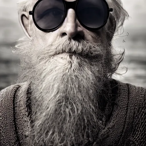 Prompt: Old fishing boat sailor with big grey beard and long white hair and deeply wrinkled face in style of cybernetic cyberpunk, wearing futuristic sunglasses, glowing lenses, led lights, lenses reflect cyberpunk glowing advertisement landscape in lenses+tattered cable knit sweater+large scruffy grey beard+wise eyes+cinematic lighting, full portrait, moody, wet, volumetric lighting