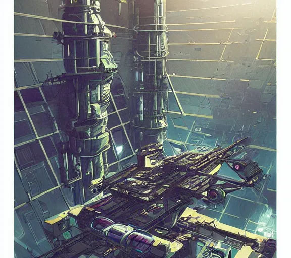 Image similar to cyberpunk space station, Industrial Scifi, detailed illustration, concept art, by Martin Grip and Moebius