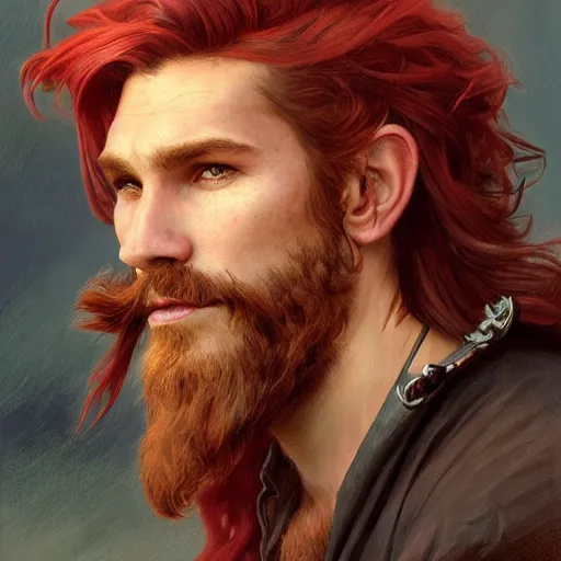 Image similar to portrait of a young ruggedly handsome but joyful pirate, male, masculine, upper body, red hair, long hair, d & d, fantasy, piercing gaze, sharp features, intricate, elegant, highly detailed, digital painting, artstation, concept art, matte, sharp focus, illustration, art by artgerm and greg rutkowski and alphonse mucha