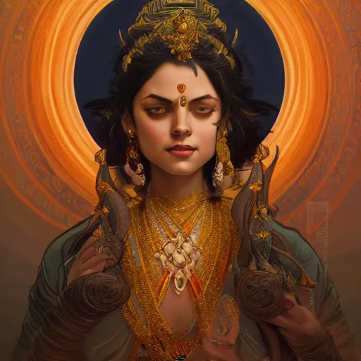 Image similar to a hindu goddess, western, D&D, fantasy, intricate, elegant, highly detailed, digital painting, artstation, concept art, matte, sharp focus, illustration, art by Artgerm and Greg Rutkowski and Alphonse Mucha