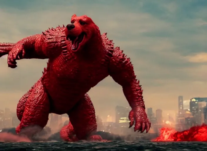 Image similar to film still of clifford the big red dog fighting in new york city in the new godzilla pacific rim crossover movie