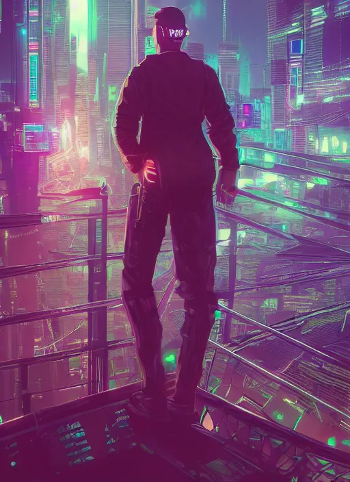 Prompt: Panfuturism cyberpunk art of a man standing on top of a bridge over a city, by Reuben Tam, Artstation contest winner, synthwave, retrowave, 2d game art