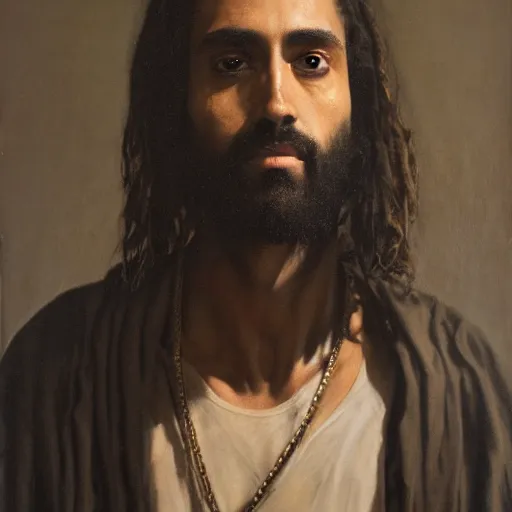 Prompt: a portrait of jesus wearing virgil abloh and jerry lorenzo streetwear by nicola samori, oil painting, realistic, 8 k, fear of god style