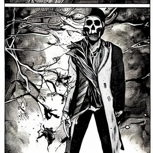 Prompt: a beautiful comic book illustration with a man in a skull head