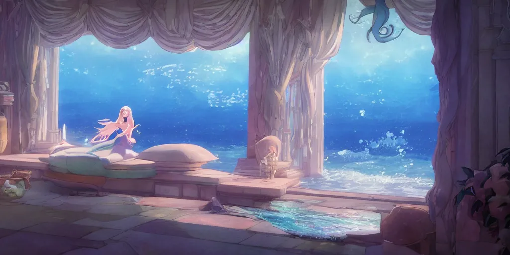 Prompt: animation key shot of a young mermaid swimming in an elegant palace bedroom sunken in the ocean, studio ghibli, pixar and disney animation, sharp, rendered in unreal engine 5, anime key art by greg rutkowski, bloom, dramatic lighting