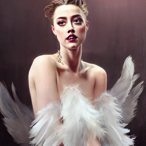 Prompt: hyperrealistic portrait of a woman as amber heard posing to noir moon in a white swan dress wearing sapphire jewellery with long feather collar by jeremy mann and alphonse mucha, fantasy art, photo realistic, dynamic lighting, artstation, poster, volumetric lighting, very detailed faces, 4 k, award winning