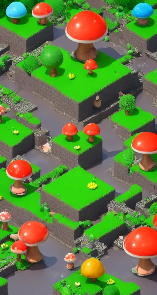 Prompt: a cute little isometric mushroom village garden, trending on artstation, 3d render, monument valley, fez video game,