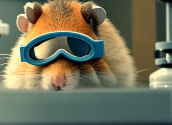 Image similar to film still of a hamster wearing goggles working in a research lab finding the cure for cancer, 8 k