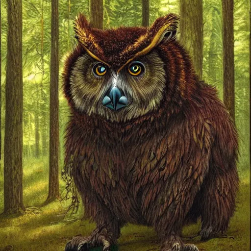 Prompt: three quarter portrait of an owlbear in the forest, d & d, fantasy, michael whelan,