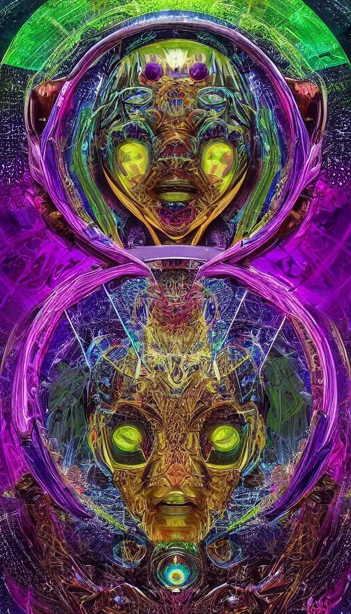 Prompt: Chromatic crystal themed painting of majestic praying shaman fantasy cyber human beautiful symmetrical face mask closeup in blissful deep forest psytrance concept, infinity glyph, mandelbulber fractal toroidal background, intricate artwork by Johnatan Wayshak, Moebius, H.R. Giger, Ayami Kojima, Android Jones, Karol Bak, Greg Hildebrandt, and Mark Brooks, Neo-Gothic, gothic, rich deep colors, art by Takato Yamamoto, masterpiece, full frontal facial features by Artgerm, very coherent artwork, cinematic, hyper realism, high detail chromatic ink outline, octane render, unreal engine, 8k, High contrast, sacred geometry, golden ratio, trending on cgsociety, ultra high quality model, production quality cinema model