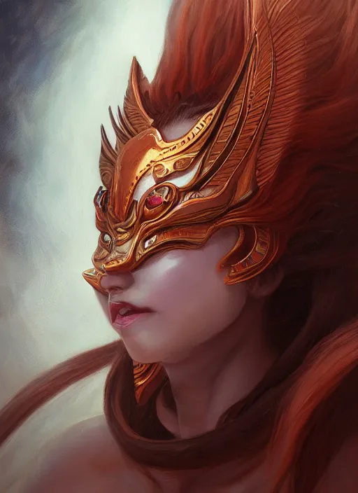 Image similar to a beautiful detailed oil on copper art illustration of a japanese kitsune samurai mask devil woman, centered, by charlie bowater, zeng fanzh, trending on artstation, dim dusk lighting, cinematic lighting, detailed lighting, volumetric lighting, realistic, f 8, 4 k hd wallpaper