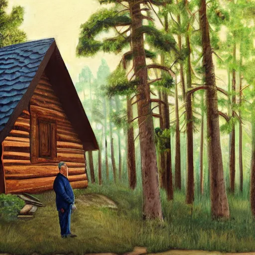 Prompt: painting of an angry old man in front of a cabin in the forest