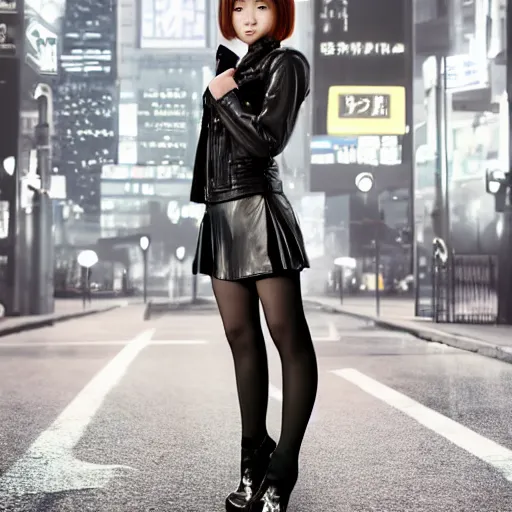 Image similar to a dynamic, epic cinematic 8K HD movie shot of a japanese young J-Pop idol girl wearing leather jacket, miniskirt, nylon tights and high heels boots. Motion, VFX, Inspirational arthouse