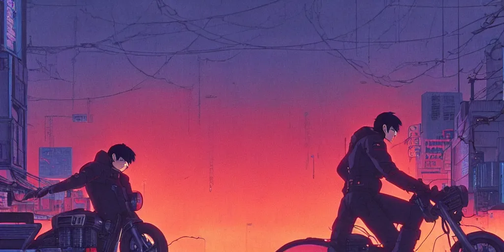 Image similar to twilight lighting, moody, atmospheric, solarpunk, kaneda and his motorcycle from akira, rainy, in the art style of neon genesis : evangelion, 8 0 s anime style, by ghibli studio and victor ngai, ghost in the shell art style, akira artstyle, pixar highly detailed, 8 k h 5 7 6