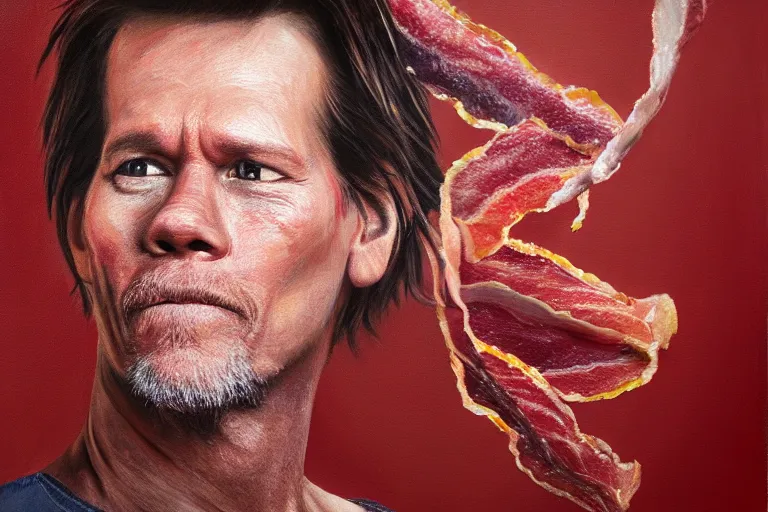 Image similar to an ultra realistic painting of kevin bacon, bacon rasher, bacon rasher wrapped around his face, 8 k, cinematic, movie still