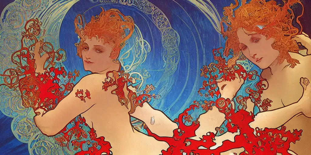 Image similar to sandman with a background with arcs of blue flame intertwined with water, dramatic lighting, red flowers, solar flares, intricate art by alphonse mucha