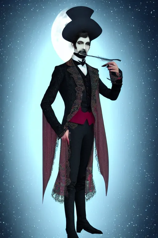 Prompt: highly realistic photograph of a 1 9 th century vampire lord, cg art, digital painting, vibrant colors, exquisite attire, volumetric moonlight