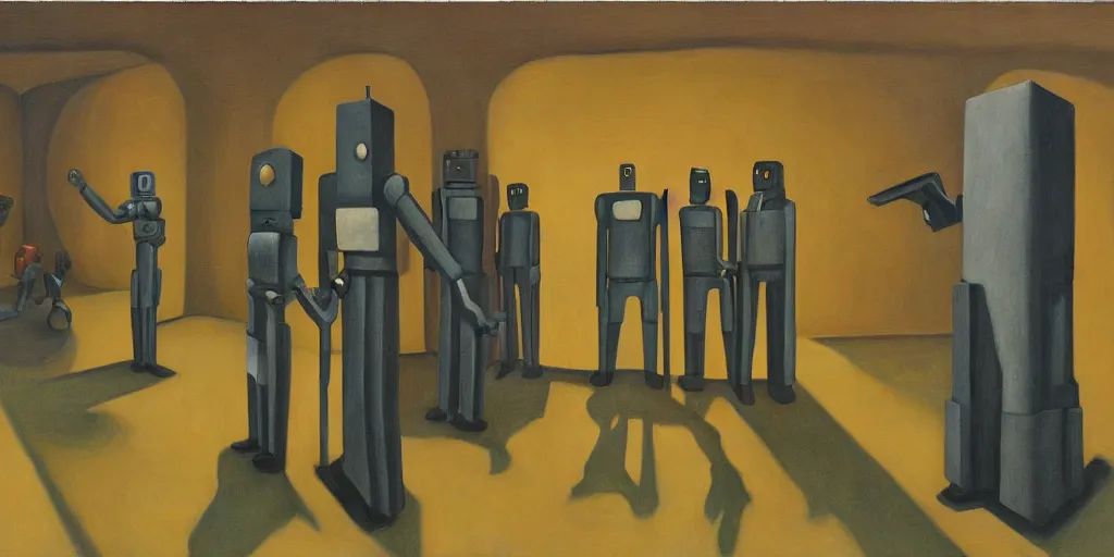 Image similar to formation of robots guarding a brutalist fortress, evil visages, dystopian, pj crook, edward hopper, oil on canvas