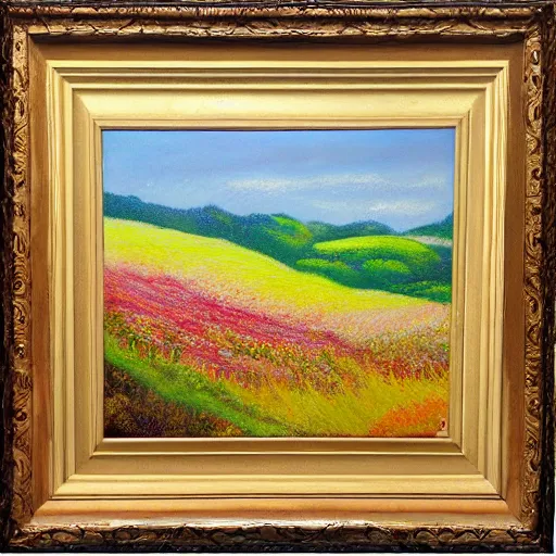 Image similar to This painting is a unique pastel and oil on canvas. It features a beautiful landscape with rolling hills and fields of wildflowers. The colors are soft and soothing, making it the perfect piece to relax and unwind with.