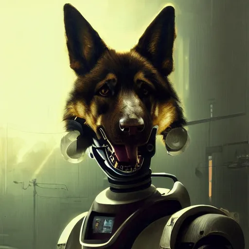 Image similar to studio portrait of furry anthro anthropomorphic german shepard head animal person fursona exposed machinery extremely detailed robot human android body military droid cybernetic cyberpunk digital art by Greg Rutkowski, Simon Stalenhag, trending on Artstation, CGSociety