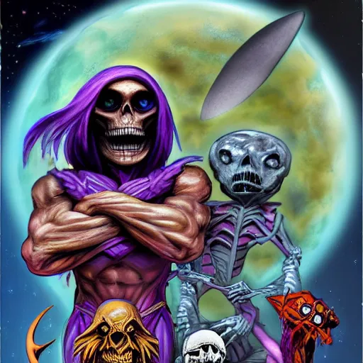 Prompt: skeletor and the dark crystal in space, 3 d, concept art