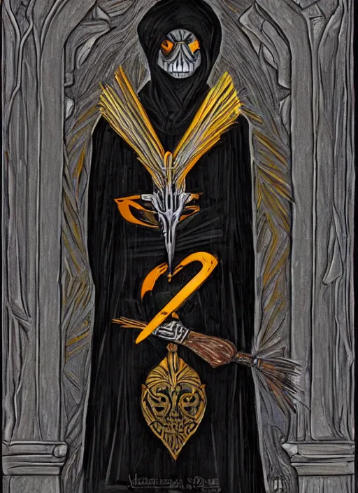 Image similar to portrait of a raven in a vantablack cloak and holding a symbolic weapon. portrait hung up in a windows 9 8 castle. r / oldschoolfantasy