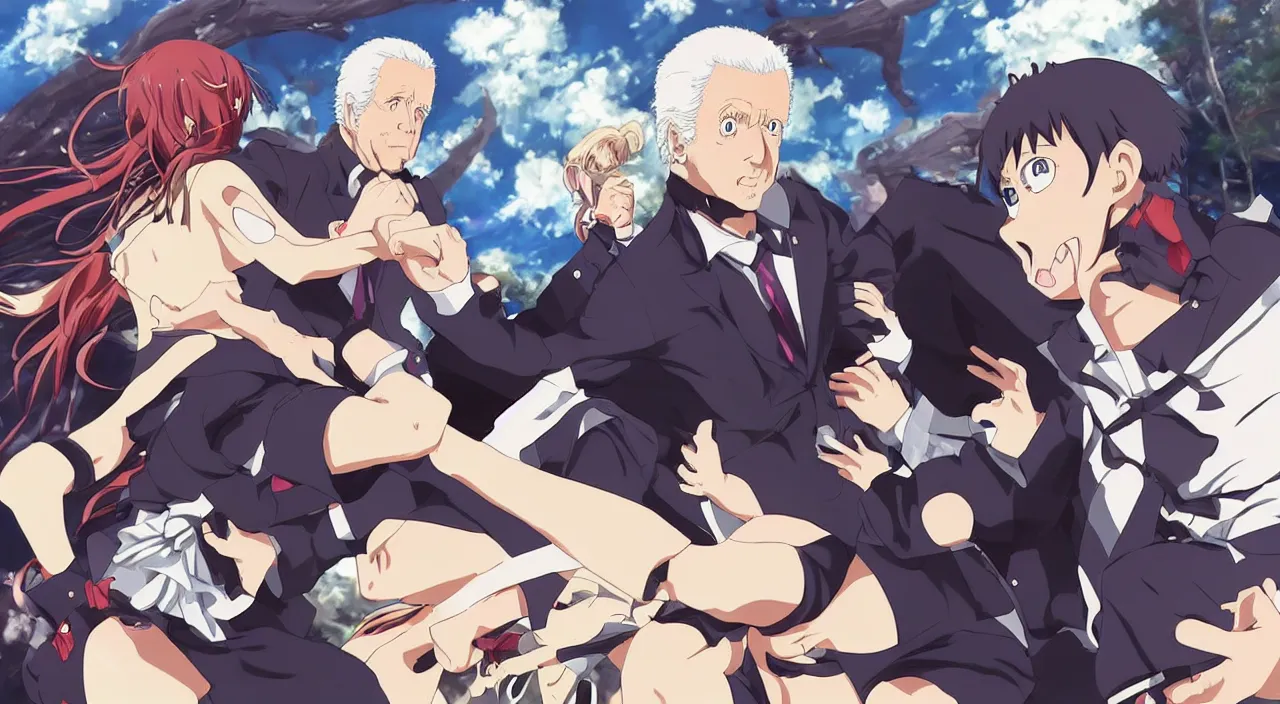 Image similar to “anime key visual of joe Biden fighting an anime girl, pixiv”