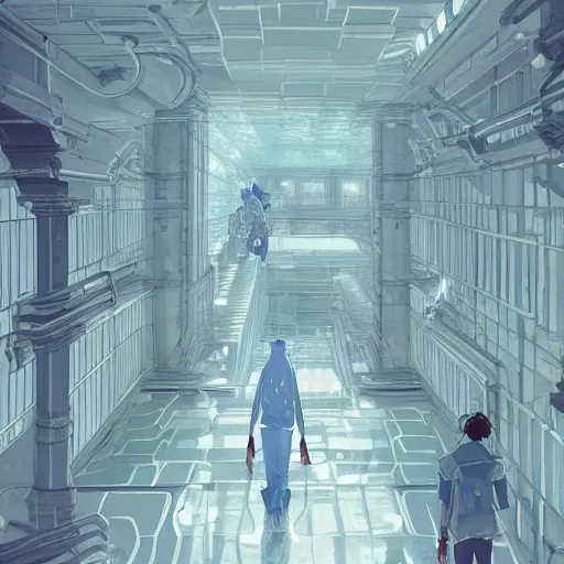 Image similar to a flood of slime in a bright white hallway with many doors and many stairs, Mc Escher architecture, epic composition, by Makoto Shinkai