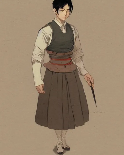 Image similar to cottagecore, south Korean male, wearing a maid dress, short, Levi Ackerman, short hair, pointy nose, annoyed. elegant. highly detailed, digital painting, artstation, concept art, smooth, sharp, focus, illustration. art by artgerm and greg rutkowski alphonse mucha and Marat Safin