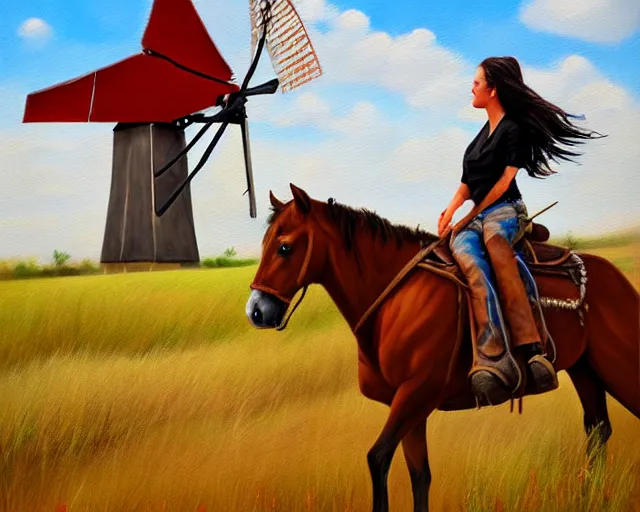 Image similar to a painting of a cowgirl riding her horse with texas wooden windmill in background, in the style of casey baugh and ed binkley, digital art