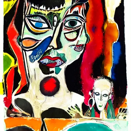 Image similar to watercolor painting of two bizarre psychedelic goth women kissing each other closeup in a cafe in japan, speculative evolution, mixed media collage by basquiat and jackson pollock, maximalist magazine collage art, sapphic art, lesbian art, chemically damaged