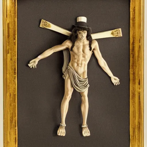 Image similar to jesus on the cross wearing a tophat and tuxedo, crucifixion, intricate detail, realistic, studio photo,