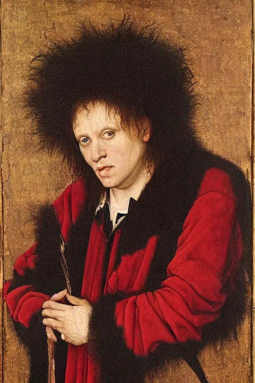 Image similar to portrait of robert smith, oil painting by jan van eyck, northern renaissance art, oil on canvas, wet - on - wet technique, realistic, expressive emotions, intricate textures, illusionistic detail