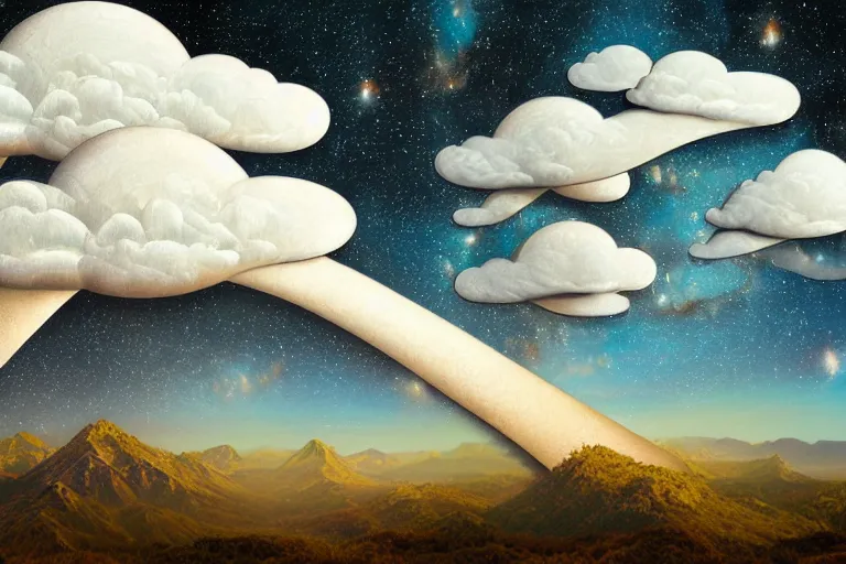 Prompt: a huge flock of many intricate elegant french horn tuba cloud filigreed cloud sculptures, art nouveau redwood forest environment, soothing, milky way, award winning art, epic dreamlike fantasy landscape, ultra realistic,