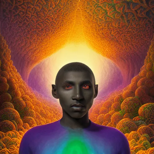 Image similar to a black boy dressed like an explorer in a field of candy, by Adi granov and afarin sajedi and amanda sage and evgeni gordiets and Agostino Arrivabene and adonna khare in a psychedelic portrait style, ultrarealistic matte painting, volumetric lighting, fractal, extremely symmetrical, highly detailed face, orisha, 8k, hd