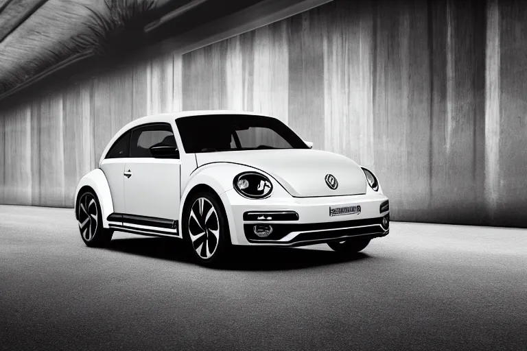 Image similar to Advertisement banner of the new electric Volkswagen Beetle 2023, with led lights, silver chrome color, minimalist lines, gullwing side doors open, wooden interior, retro futuristic style, 4k,professional photograph, award winning advertising, creative